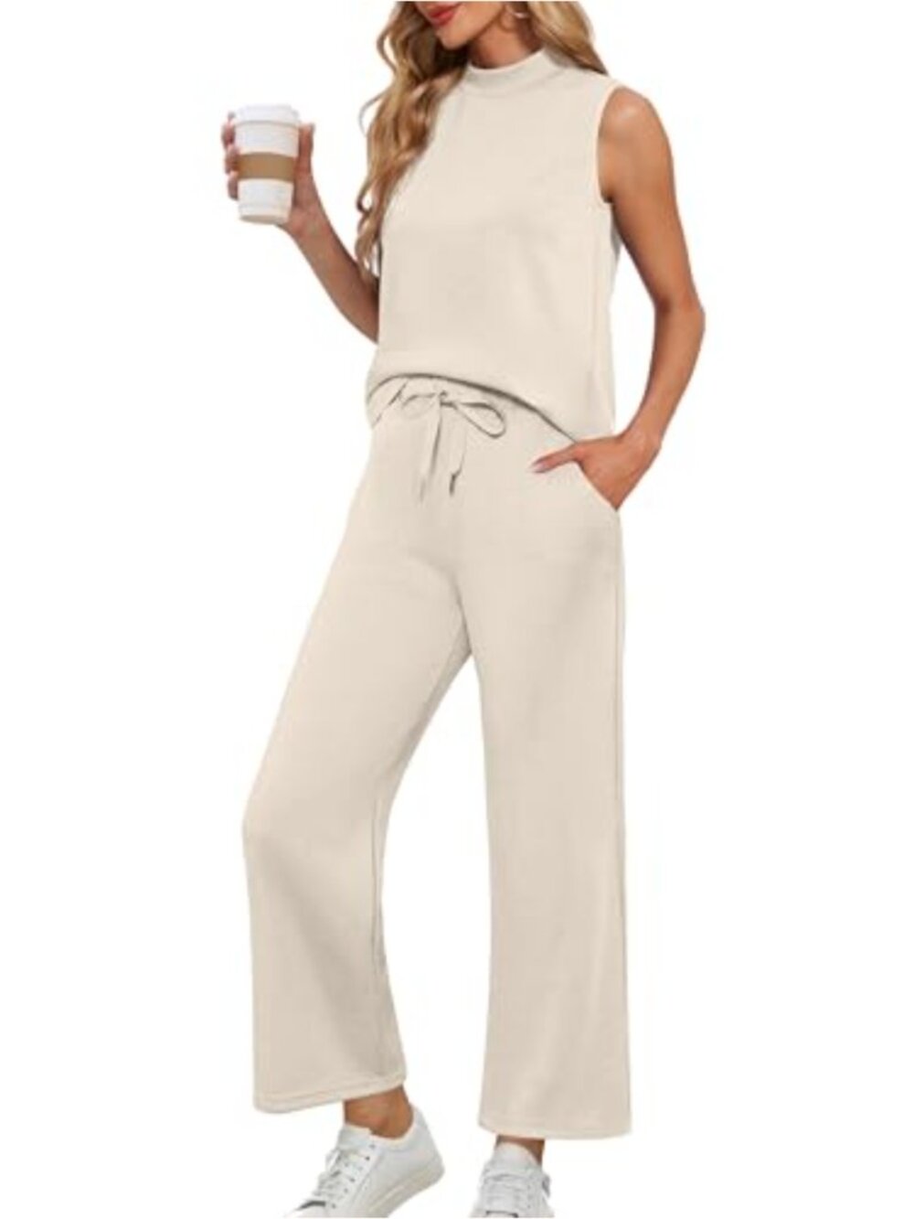 Women's Two Piece Lounge Set - Sleeveless Mock Neck Top & Wide Leg Pants,